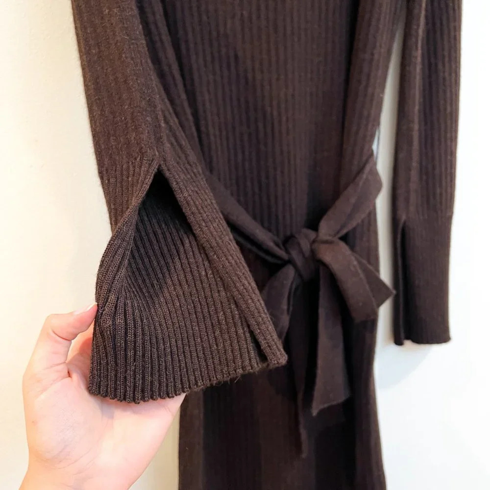 Eleven Six Ana Alpaca Blend Knit Espresso Brown Ribbed Belted Midi Dress M NWT - Picture 4 of 11